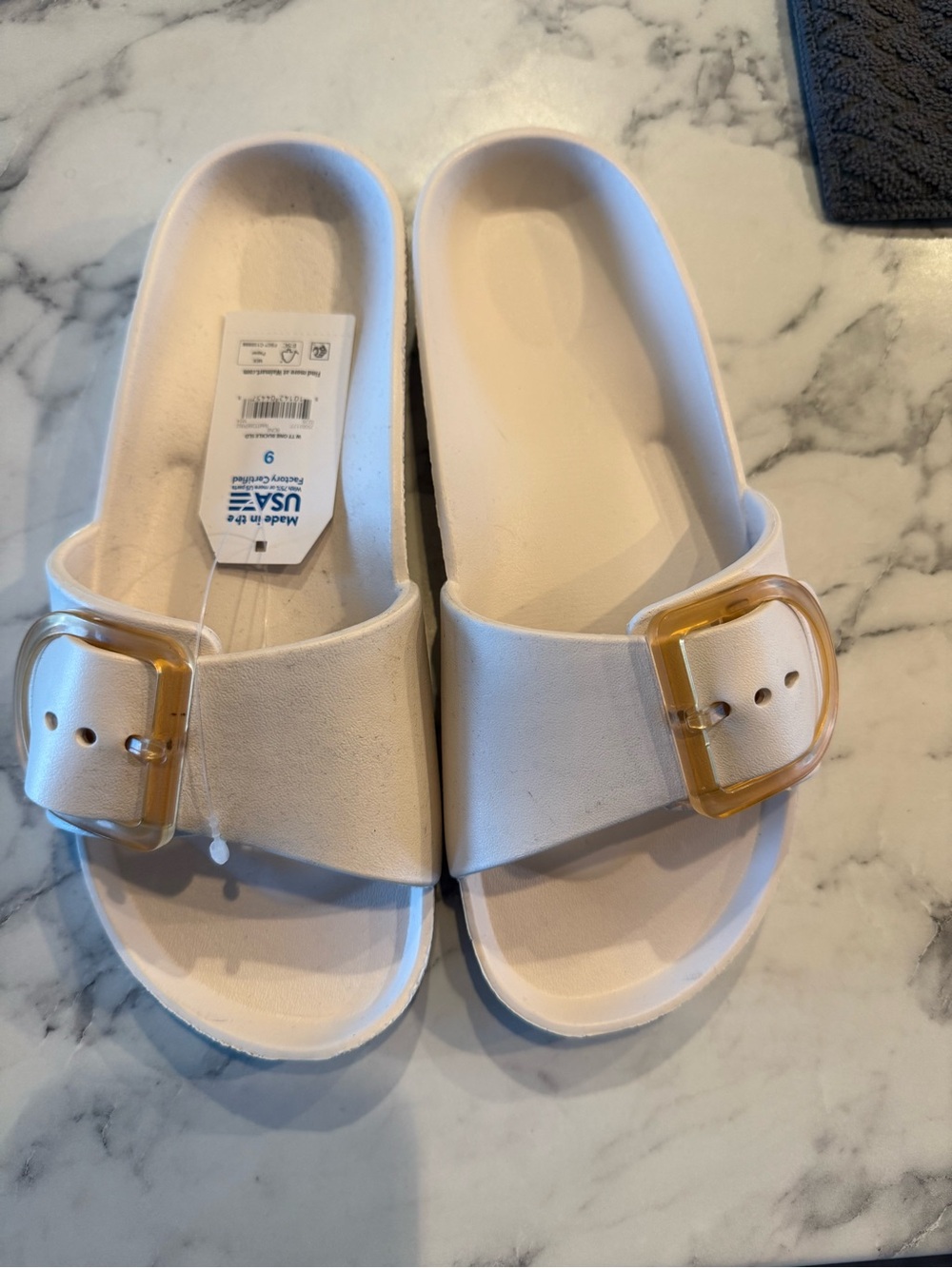 Time and Tru White Slide Sandals with Amber Buckles
